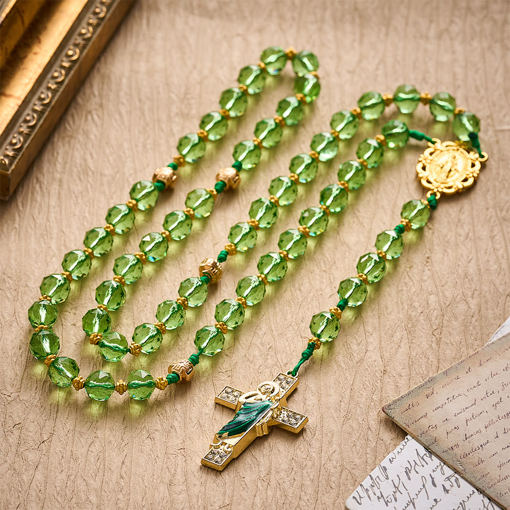 SolaceBeads Green Crystal Rosary, Cord Woven, Maria &amp; St Jude Cross: Bright Luminous Daily Devotion - image 5