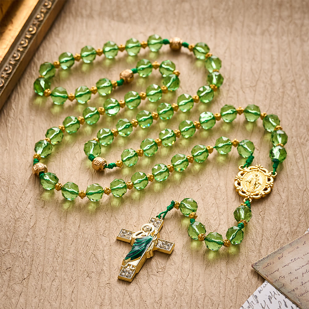 SolaceBeads Green Crystal Rosary, Cord Woven, Maria &amp; St Jude Cross: Bright Luminous Daily Devotion - image 10