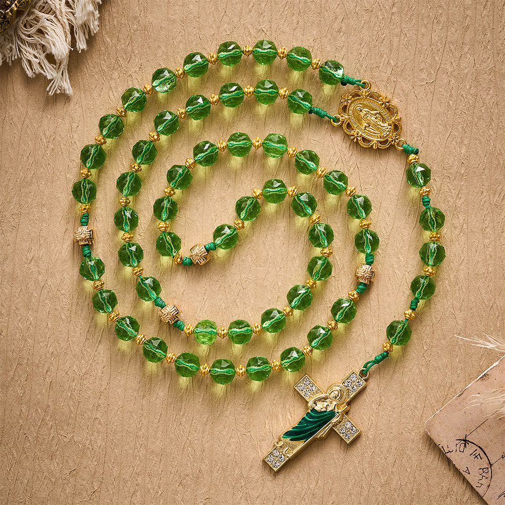 SolaceBeads Green Crystal Rosary, Cord Woven, Maria &amp; St Jude Cross: Bright Luminous Daily Devotion - Apple Green - image 0