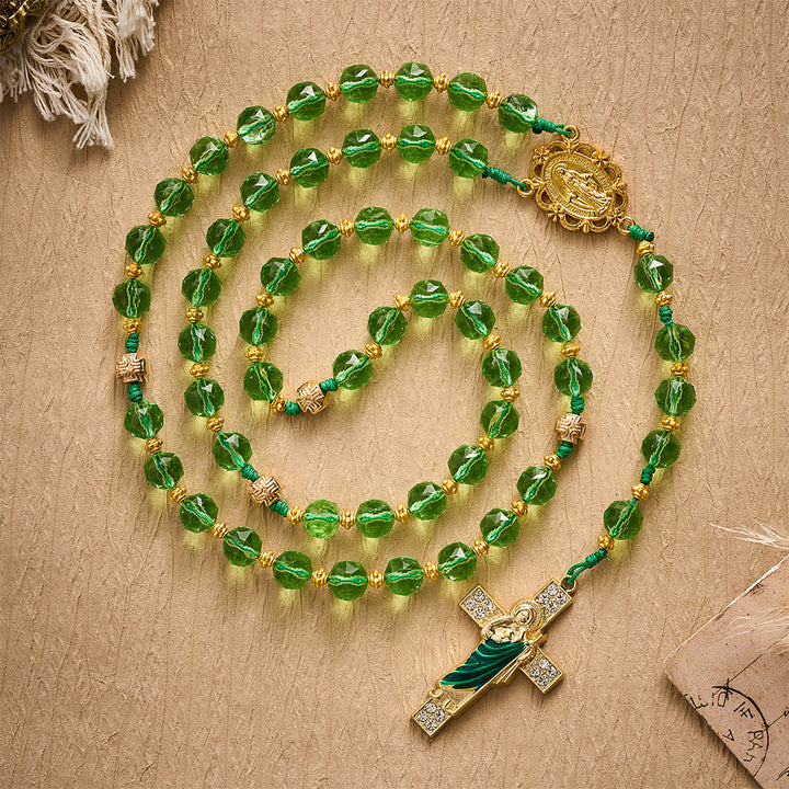 SolaceBeads Green Crystal Rosary, Cord Woven, Maria &amp; St Jude Cross: Bright Luminous Daily Devotion - Apple Green - image 0