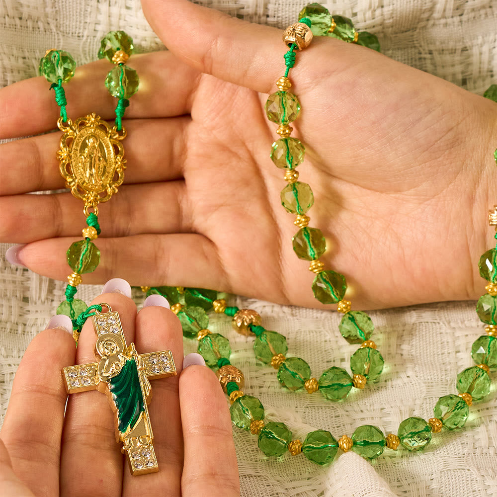 SolaceBeads Green Crystal Rosary, Cord Woven, Maria &amp; St Jude Cross: Bright Luminous Daily Devotion - image 1