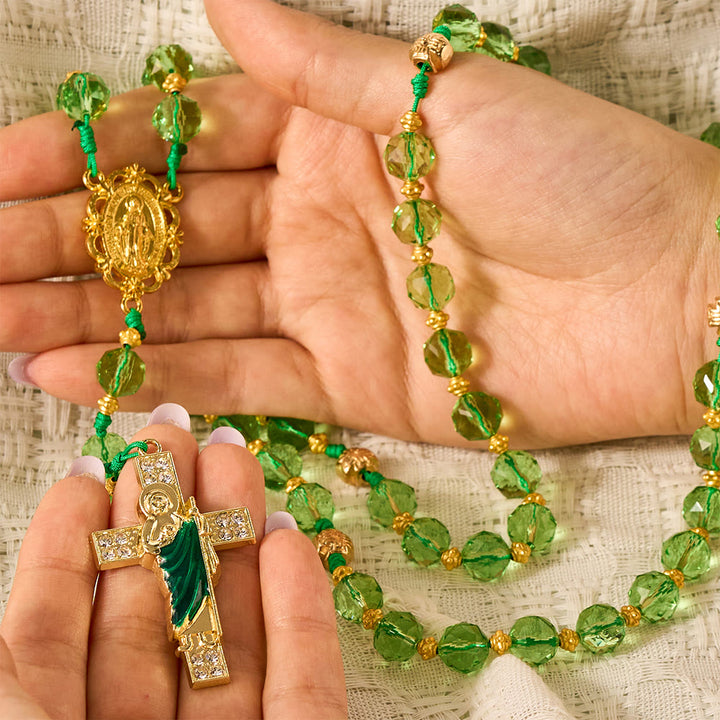SolaceBeads Green Crystal Rosary, Cord Woven, Maria &amp; St Jude Cross: Bright Luminous Daily Devotion - image 1