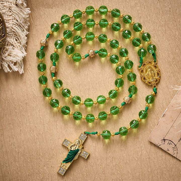 SolaceBeads Green Crystal Rosary, Cord Woven, Maria &amp; St Jude Cross: Bright Luminous Daily Devotion - image 2