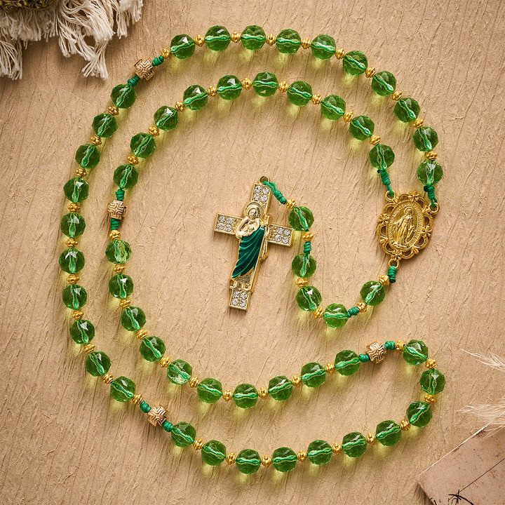 SolaceBeads Green Crystal Rosary, Cord Woven, Maria &amp; St Jude Cross: Bright Luminous Daily Devotion - image 3