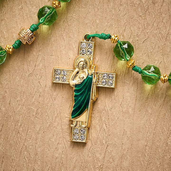 SolaceBeads Green Crystal Rosary, Cord Woven, Maria &amp; St Jude Cross: Bright Luminous Daily Devotion - image 8