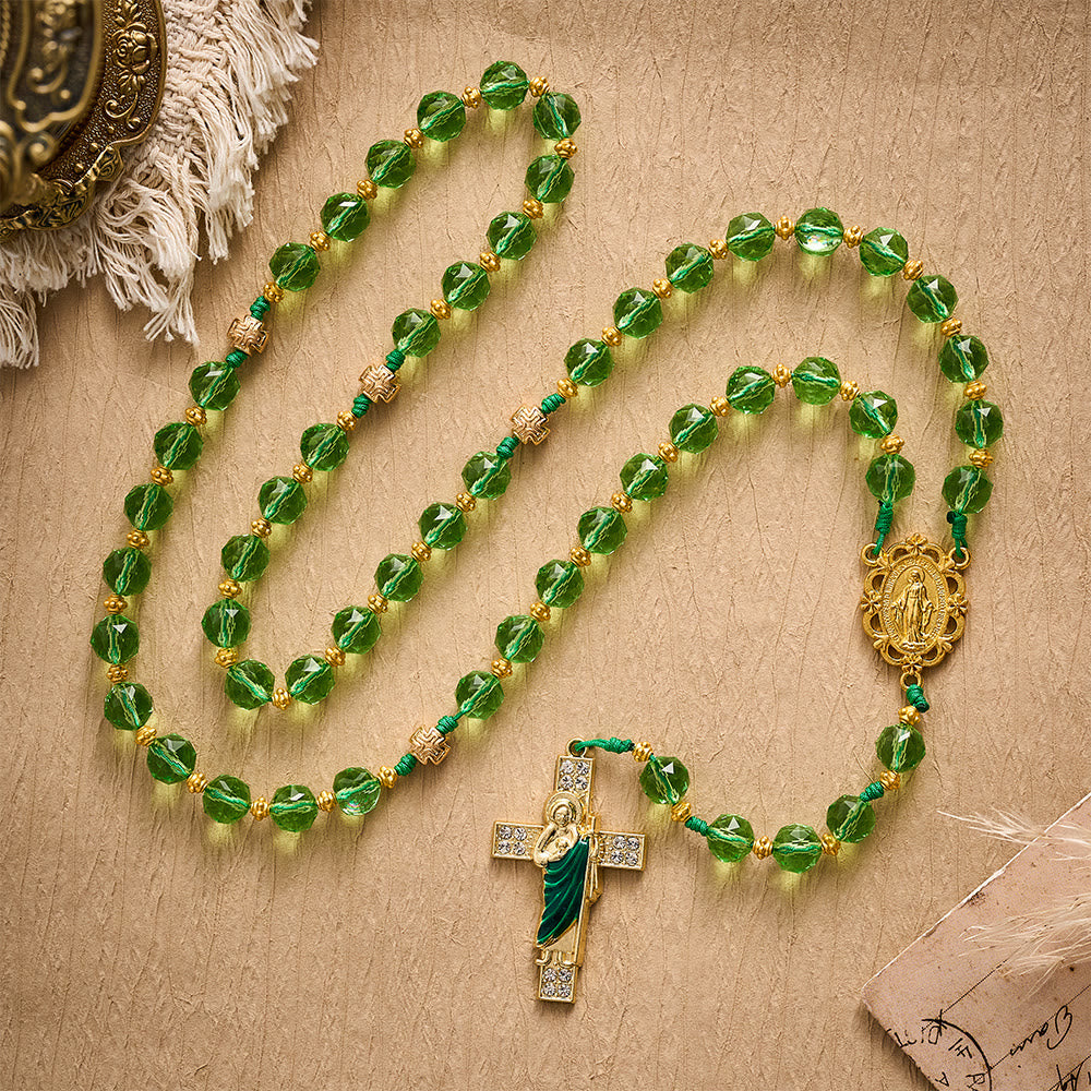 SolaceBeads Green Crystal Rosary, Cord Woven, Maria &amp; St Jude Cross: Bright Luminous Daily Devotion - image 4