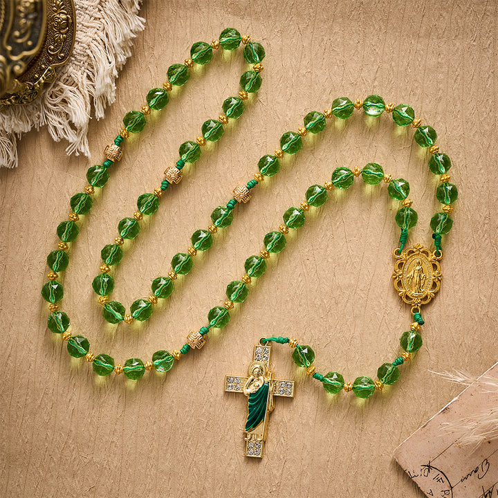SolaceBeads Green Crystal Rosary, Cord Woven, Maria &amp; St Jude Cross: Bright Luminous Daily Devotion - image 4