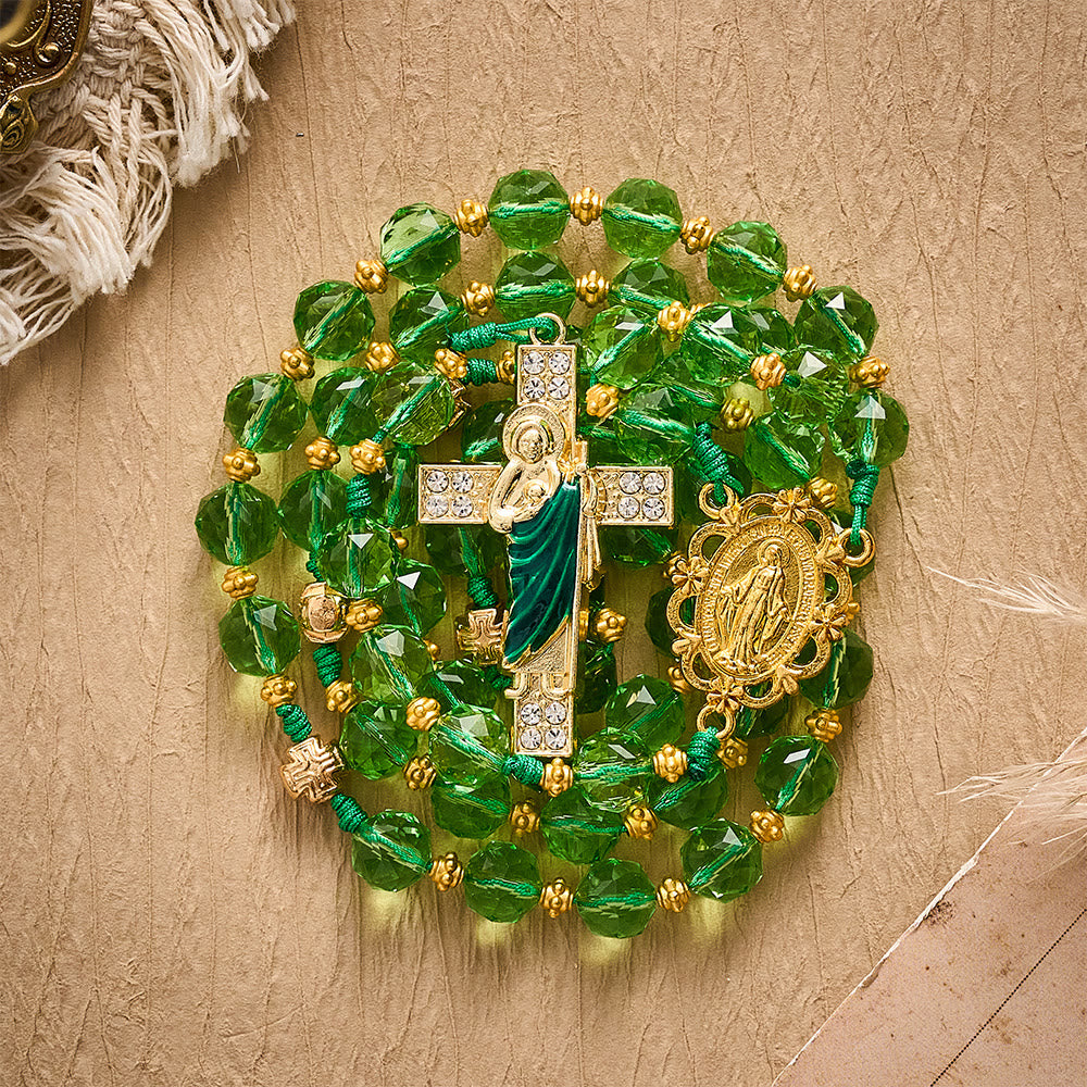 SolaceBeads Green Crystal Rosary, Cord Woven, Maria &amp; St Jude Cross: Bright Luminous Daily Devotion - image 9