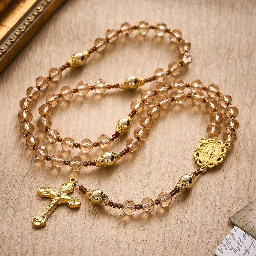 SolaceBeads Champagne Crystal Rosary, Metal Bead Accents, Maria Medal: Bright Shining Daily Devotion - image 4