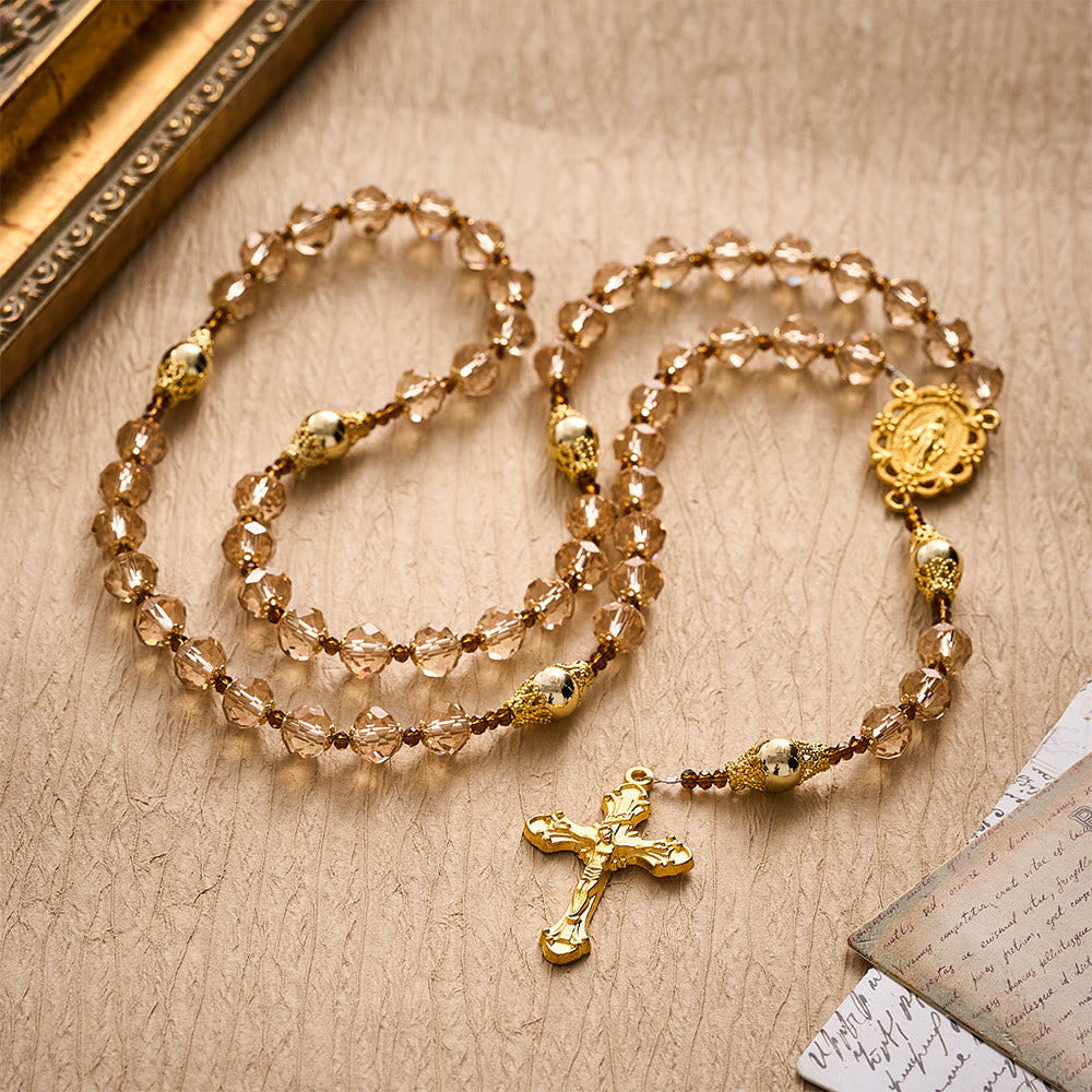 SolaceBeads Champagne Crystal Rosary, Metal Bead Accents, Maria Medal: Bright Shining Daily Devotion - image 3