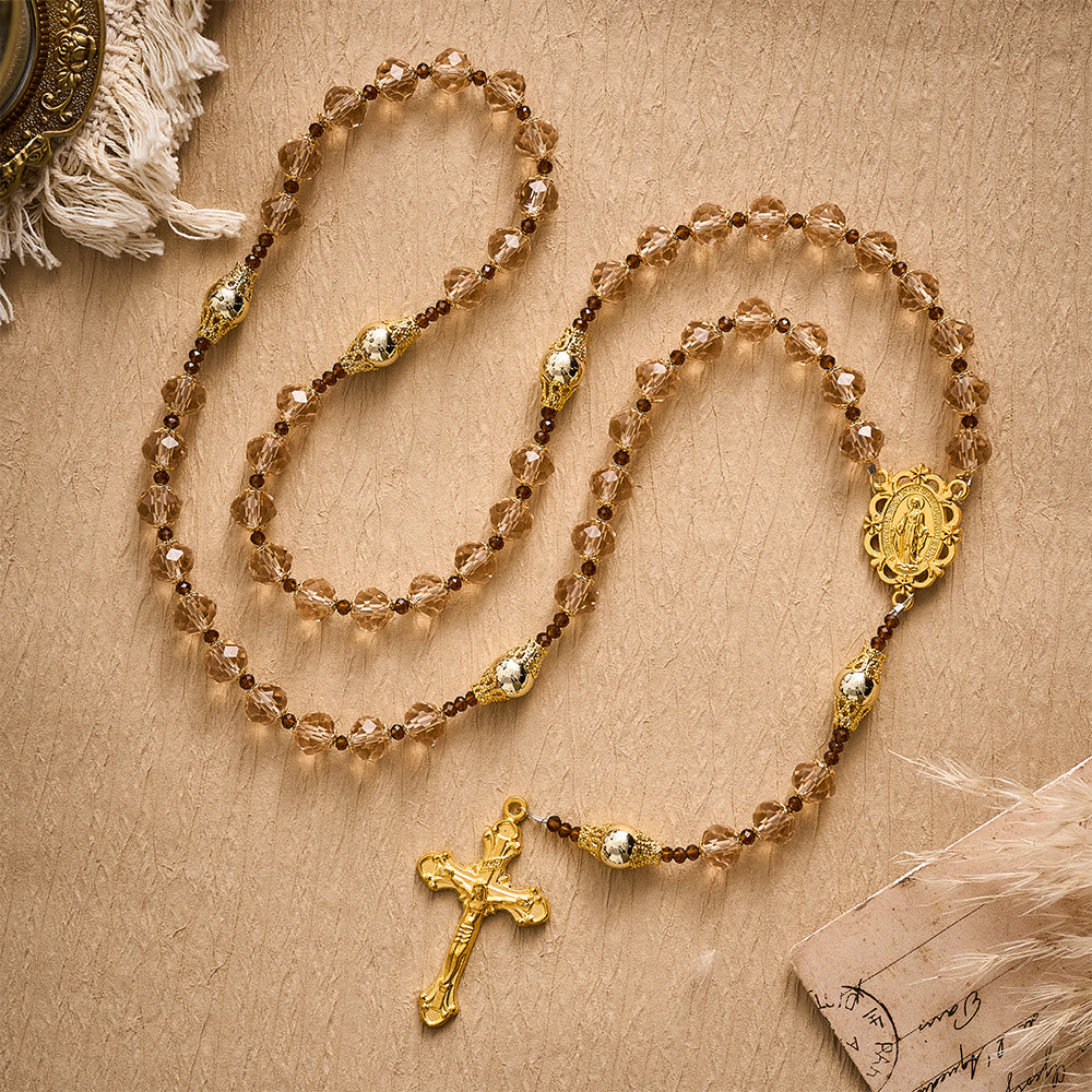 SolaceBeads Champagne Crystal Rosary, Metal Bead Accents, Maria Medal: Bright Shining Daily Devotion - image 2