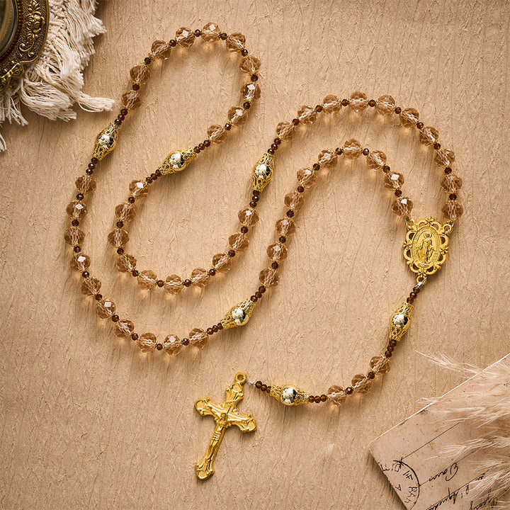 SolaceBeads Champagne Crystal Rosary, Metal Bead Accents, Maria Medal: Bright Shining Daily Devotion - image 2