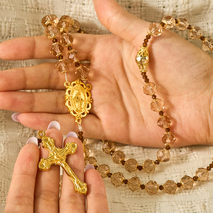 SolaceBeads Champagne Crystal Rosary, Metal Bead Accents, Maria Medal: Bright Shining Daily Devotion - image 1