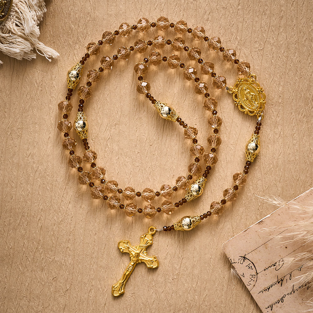 SolaceBeads Champagne Crystal Rosary, Metal Bead Accents, Maria Medal: Bright Shining Daily Devotion - Champagne - image 0