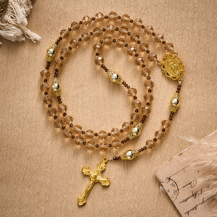 SolaceBeads Champagne Crystal Rosary, Metal Bead Accents, Maria Medal: Bright Shining Daily Devotion - Champagne - image 0