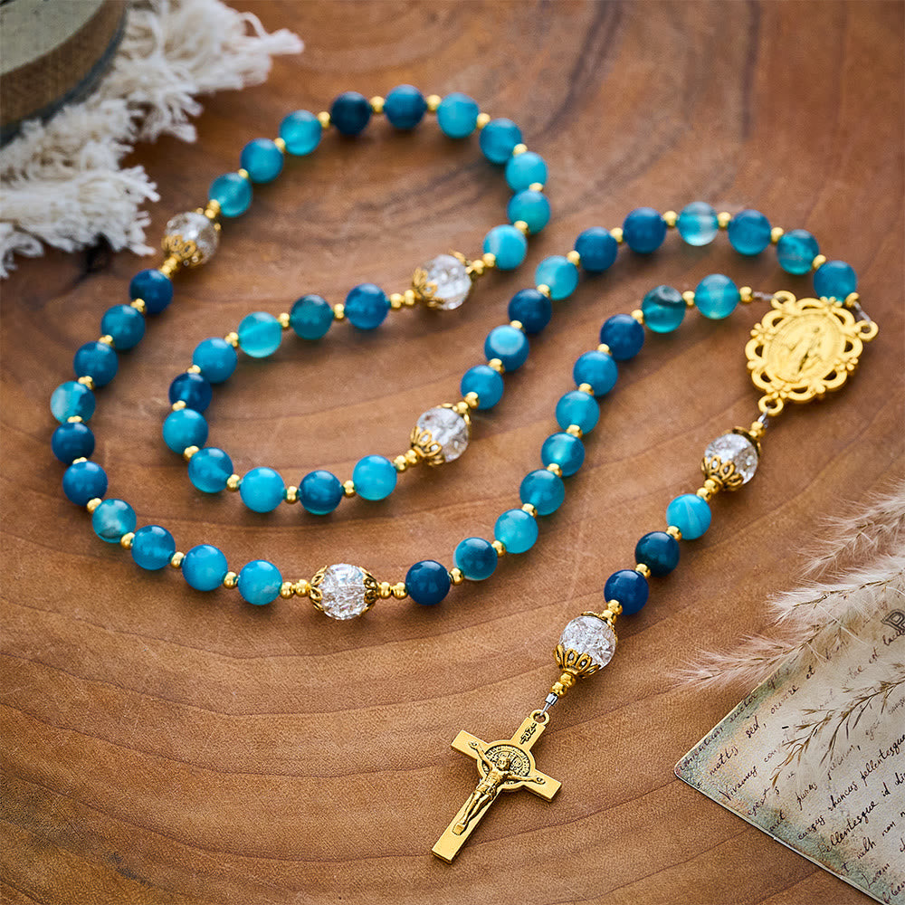 SolaceBeads Blue Striped Agate &amp; White Crackle Beads Stone Rosary: Rooted in Gentle Sacred Blessing - image 8