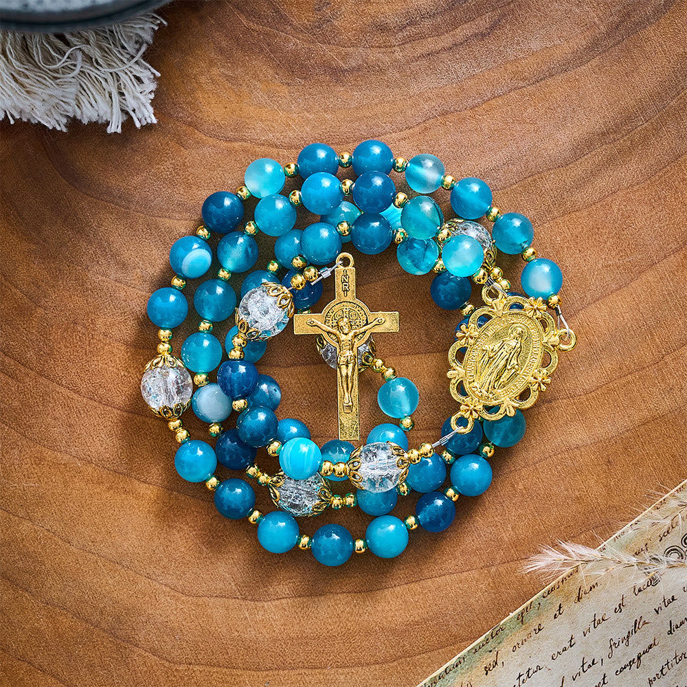 SolaceBeads Blue Striped Agate &amp; White Crackle Beads Stone Rosary: Rooted in Gentle Sacred Blessing - image 5