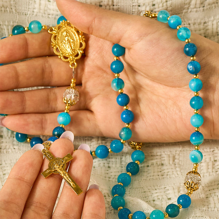 SolaceBeads Blue Striped Agate &amp; White Crackle Beads Stone Rosary: Rooted in Gentle Sacred Blessing - image 1