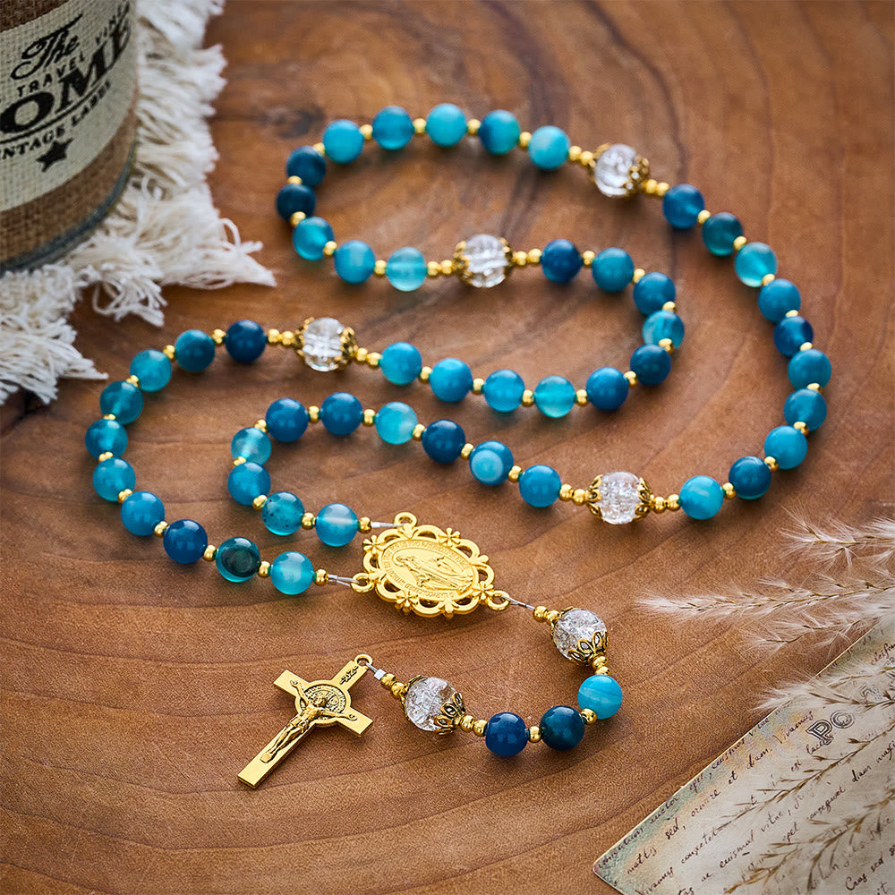 SolaceBeads Blue Striped Agate &amp; White Crackle Beads Stone Rosary: Rooted in Gentle Sacred Blessing - image 9