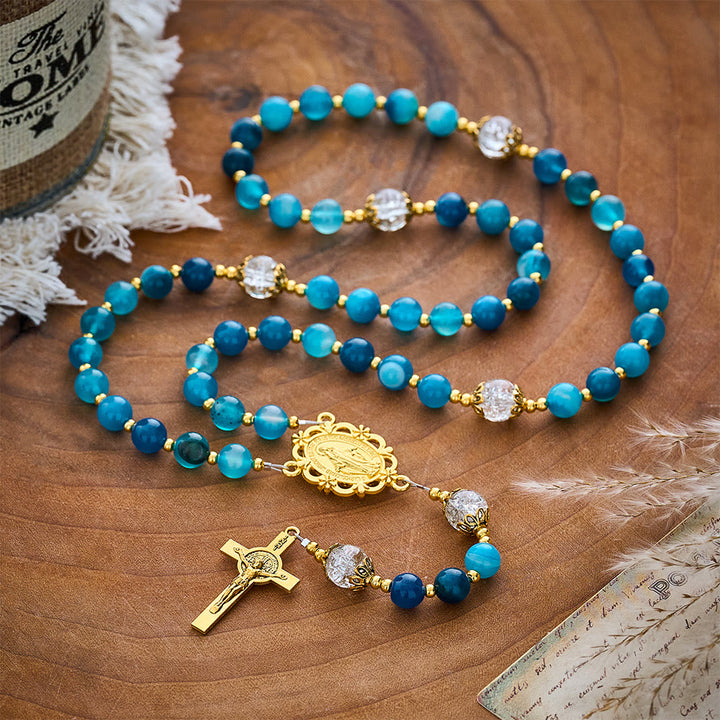 SolaceBeads Blue Striped Agate &amp; White Crackle Beads Stone Rosary: Rooted in Gentle Sacred Blessing - image 9