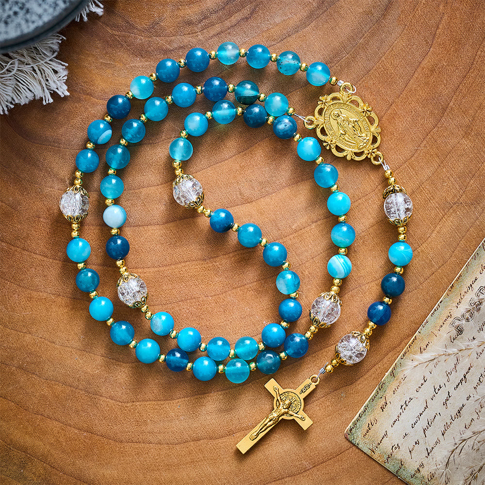 SolaceBeads Blue Striped Agate &amp; White Crackle Beads Stone Rosary: Rooted in Gentle Sacred Blessing - Blue Striped Agate - image 0