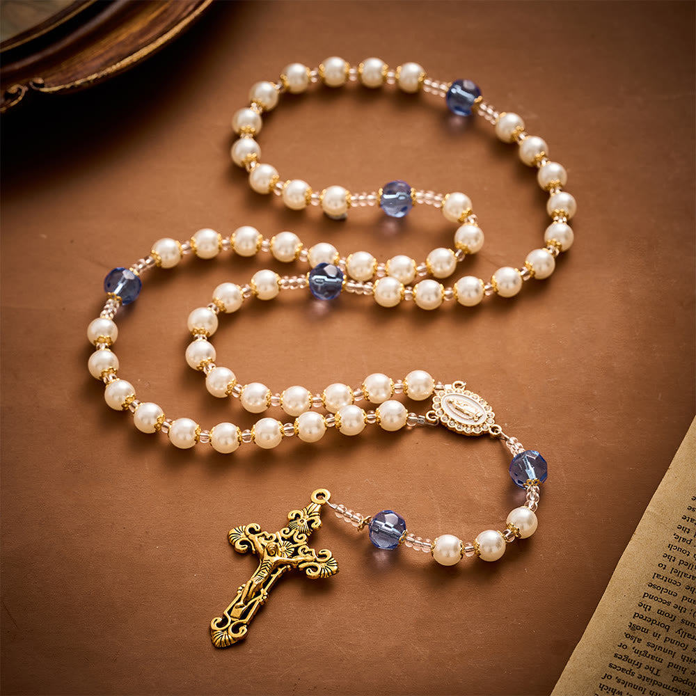 Solacebeads Pearl &amp; Blue Faceted Glass Artistic Rosary With Gold Crucifix: Rooted In Guadalupe Faith - image 9