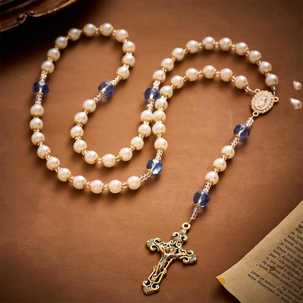 Solacebeads Pearl &amp; Blue Faceted Glass Artistic Rosary With Gold Crucifix: Rooted In Guadalupe Faith - image 6