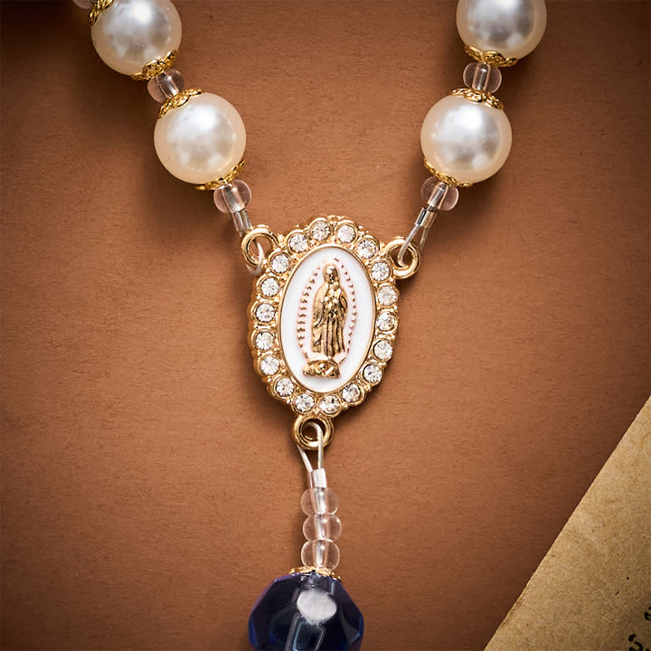 Solacebeads Pearl &amp; Blue Faceted Glass Artistic Rosary With Gold Crucifix: Rooted In Guadalupe Faith - image 3