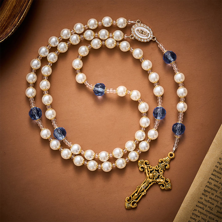 Solacebeads Pearl &amp; Blue Faceted Glass Artistic Rosary With Gold Crucifix: Rooted In Guadalupe Faith - White - image 0