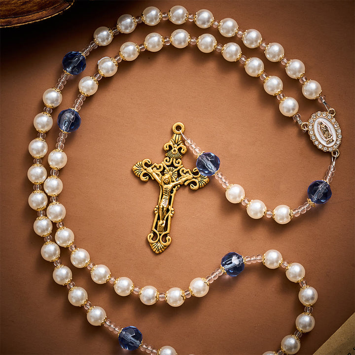 Solacebeads Pearl &amp; Blue Faceted Glass Artistic Rosary With Gold Crucifix: Rooted In Guadalupe Faith - image 7