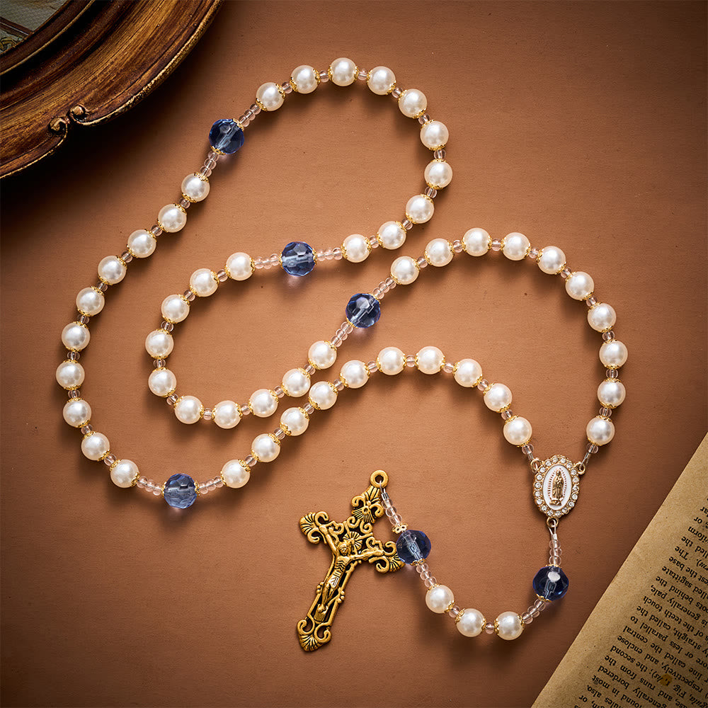 Solacebeads Pearl &amp; Blue Faceted Glass Artistic Rosary With Gold Crucifix: Rooted In Guadalupe Faith - image 8