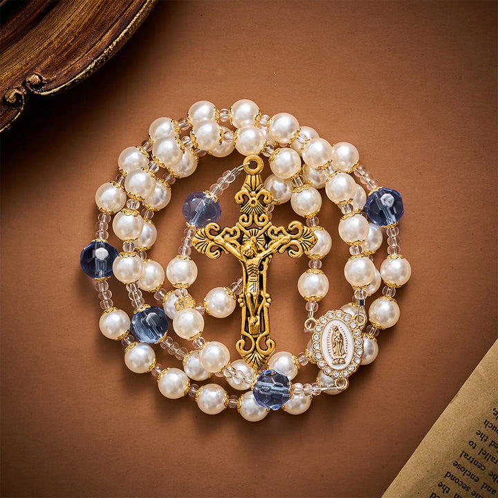 Solacebeads Pearl &amp; Blue Faceted Glass Artistic Rosary With Gold Crucifix: Rooted In Guadalupe Faith - image 5