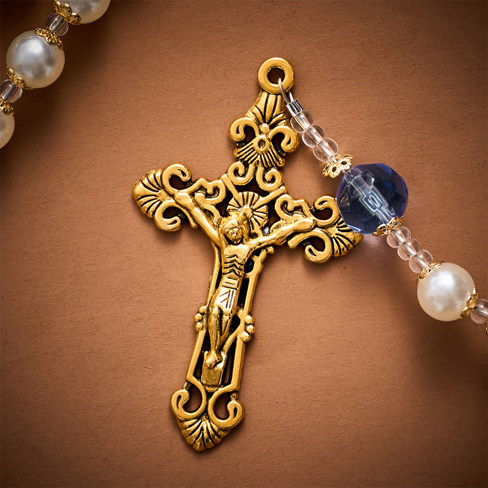 Solacebeads Pearl &amp; Blue Faceted Glass Artistic Rosary With Gold Crucifix: Rooted In Guadalupe Faith - image 4