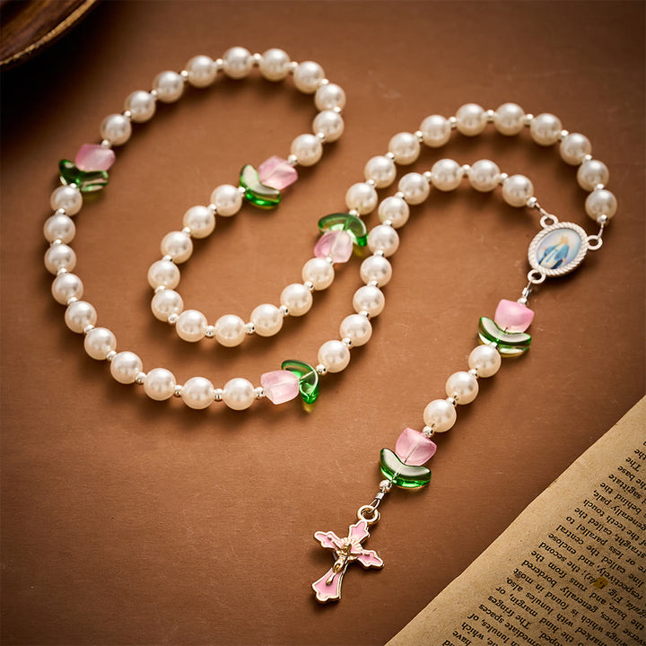 Solacebeads Soft Tulip Pearl Artistic Rosary &amp; Pink Enamel Crucifix: Pray With Marian Garden - image 8