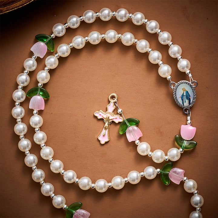 Solacebeads Soft Tulip Pearl Artistic Rosary &amp; Pink Enamel Crucifix: Pray With Marian Garden - image 6