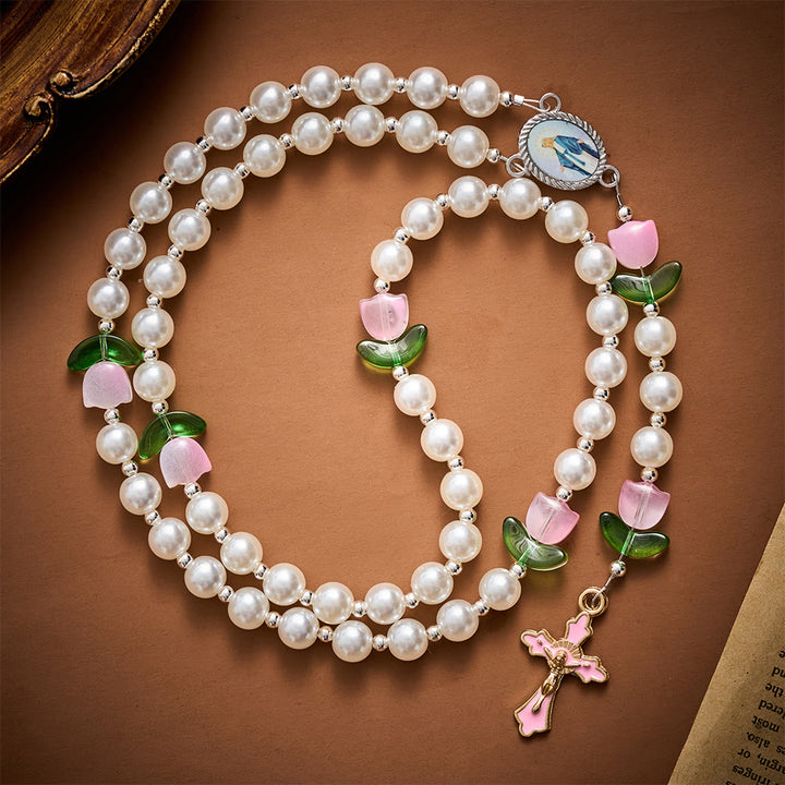Solacebeads Soft Tulip Pearl Artistic Rosary &amp; Pink Enamel Crucifix: Pray With Marian Garden - White - image 0