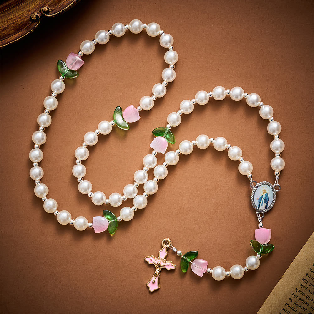Solacebeads Soft Tulip Pearl Artistic Rosary &amp; Pink Enamel Crucifix: Pray With Marian Garden - image 7