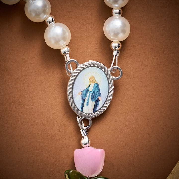Solacebeads Soft Tulip Pearl Artistic Rosary &amp; Pink Enamel Crucifix: Pray With Marian Garden - image 3