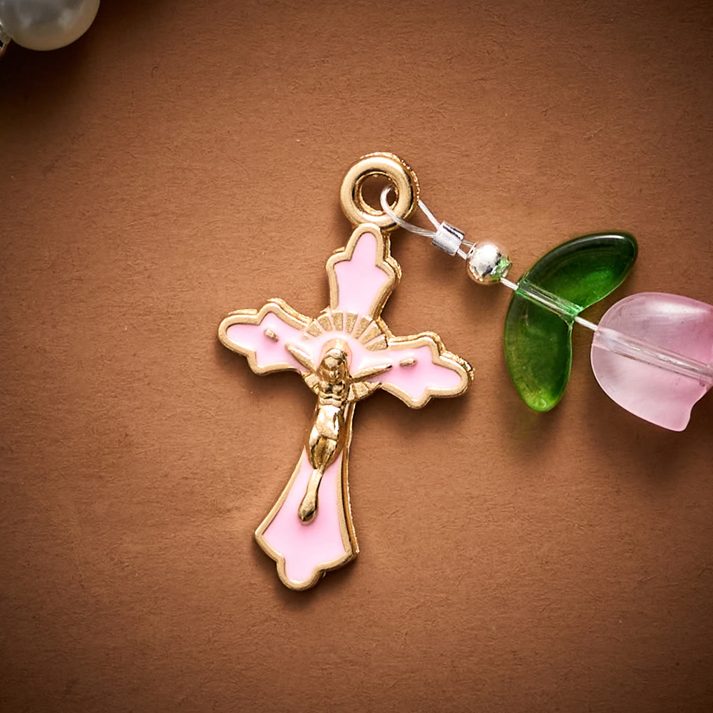 Solacebeads Soft Tulip Pearl Artistic Rosary &amp; Pink Enamel Crucifix: Pray With Marian Garden - image 4