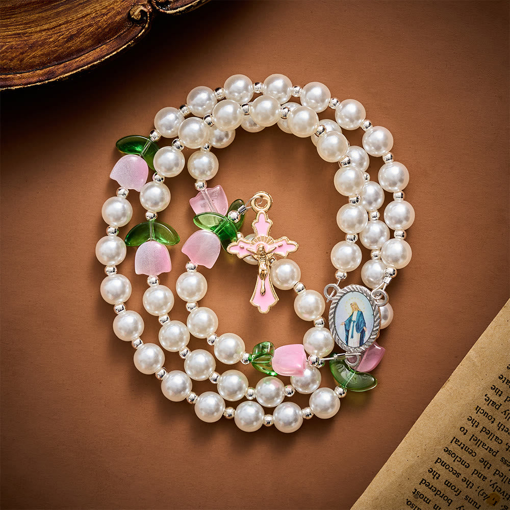 Solacebeads Soft Tulip Pearl Artistic Rosary &amp; Pink Enamel Crucifix: Pray With Marian Garden - image 5