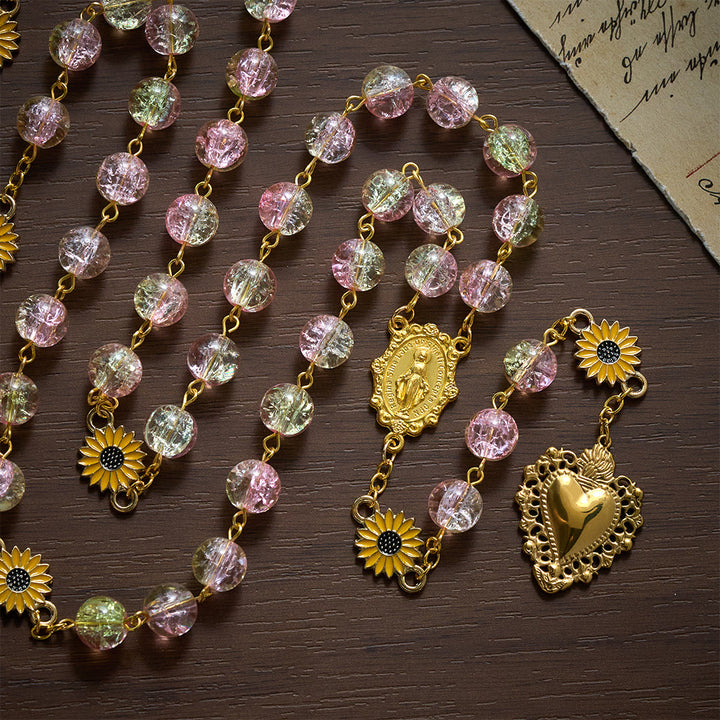 SolaceBeads Sunflower Floral Pink &amp; Yellow Crackle Glass Rosary: Rooted in Sunny Sacred Blessing - image 4