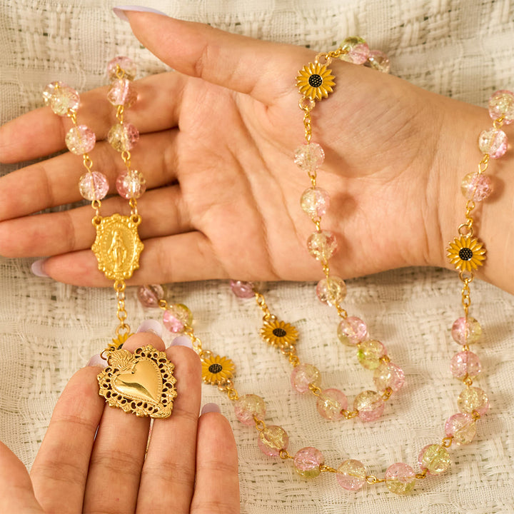 SolaceBeads Sunflower Floral Pink &amp; Yellow Crackle Glass Rosary: Rooted in Sunny Sacred Blessing - image 1