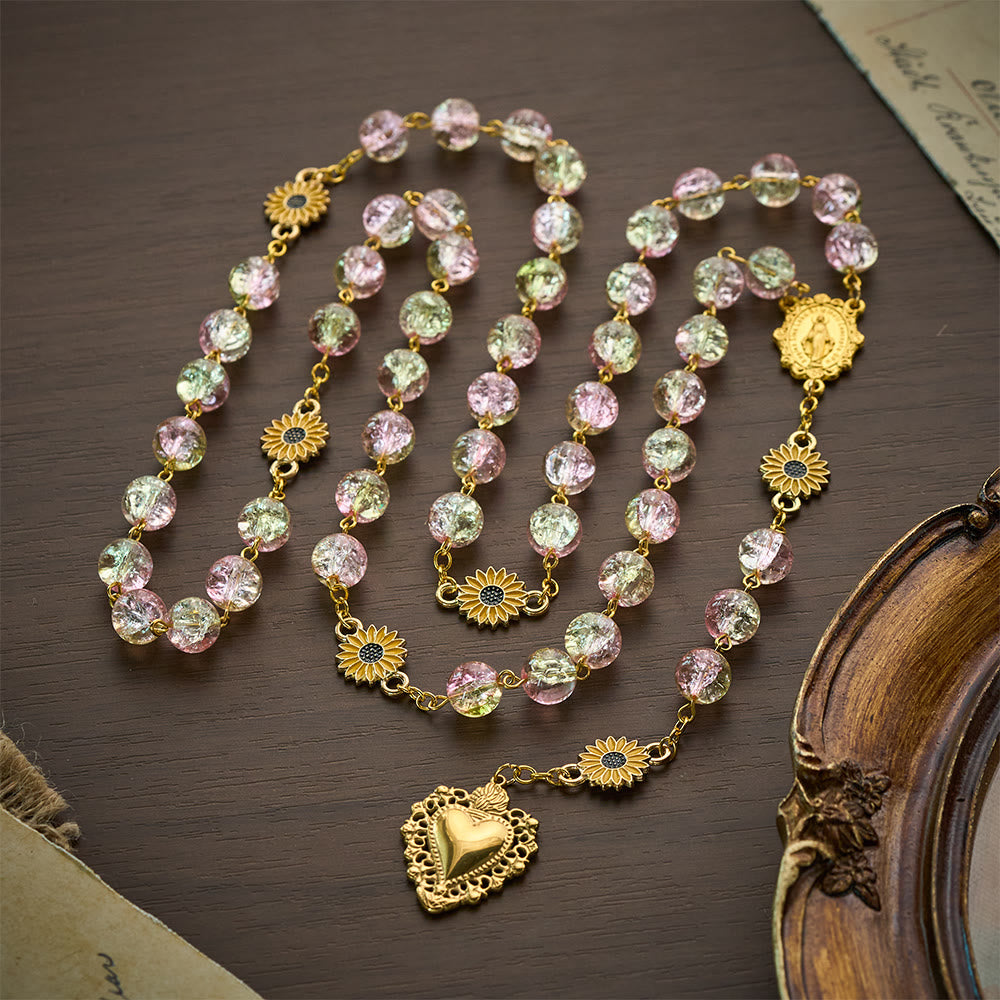 SolaceBeads Sunflower Floral Pink &amp; Yellow Crackle Glass Rosary: Rooted in Sunny Sacred Blessing - image 7