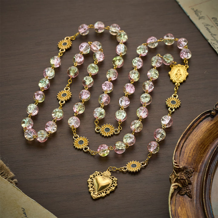 SolaceBeads Sunflower Floral Pink &amp; Yellow Crackle Glass Rosary: Rooted in Sunny Sacred Blessing - image 7