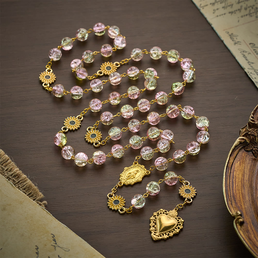 SolaceBeads Sunflower Floral Pink &amp; Yellow Crackle Glass Rosary: Rooted in Sunny Sacred Blessing - Pink &amp; Yellow - image 0