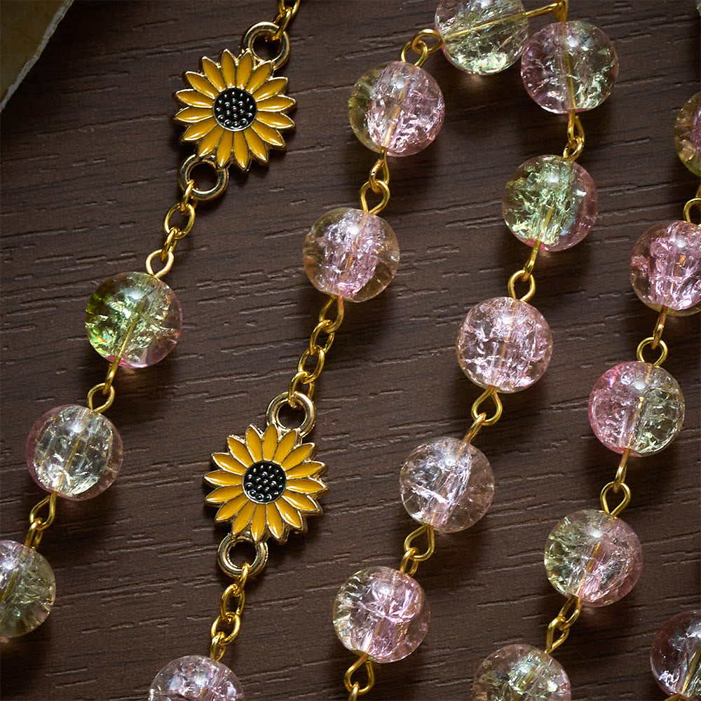 SolaceBeads Sunflower Floral Pink &amp; Yellow Crackle Glass Rosary: Rooted in Sunny Sacred Blessing - image 2