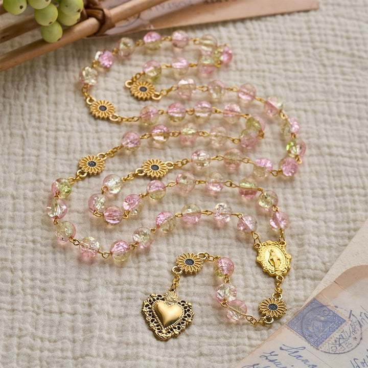 SolaceBeads Sunflower Floral Pink &amp; Yellow Crackle Glass Rosary: Rooted in Sunny Sacred Blessing - image 9