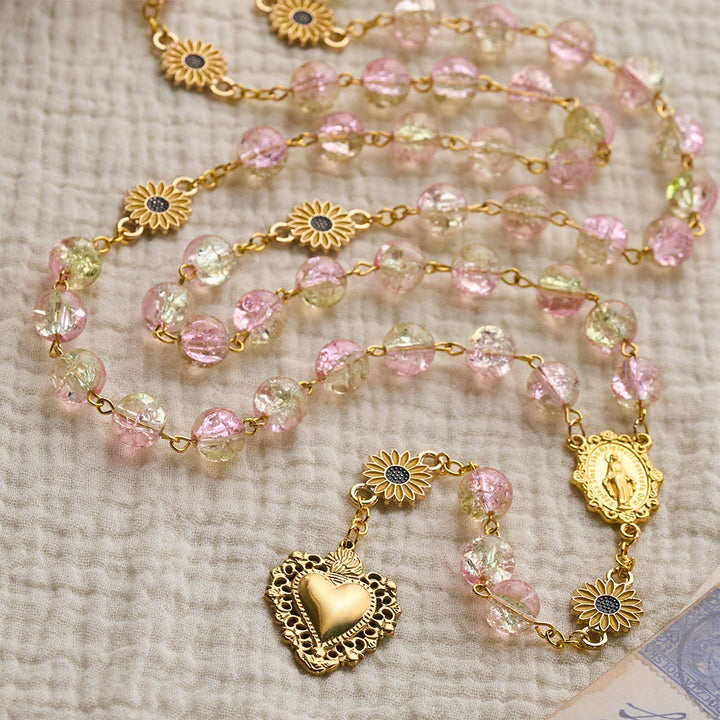 SolaceBeads Sunflower Floral Pink &amp; Yellow Crackle Glass Rosary: Rooted in Sunny Sacred Blessing - image 8