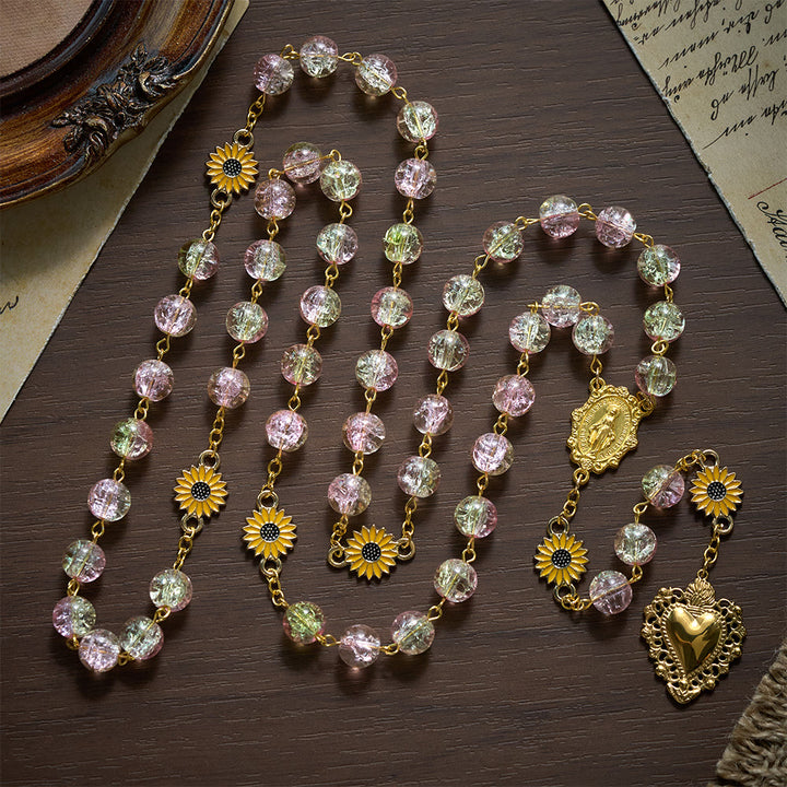 SolaceBeads Sunflower Floral Pink &amp; Yellow Crackle Glass Rosary: Rooted in Sunny Sacred Blessing - image 6