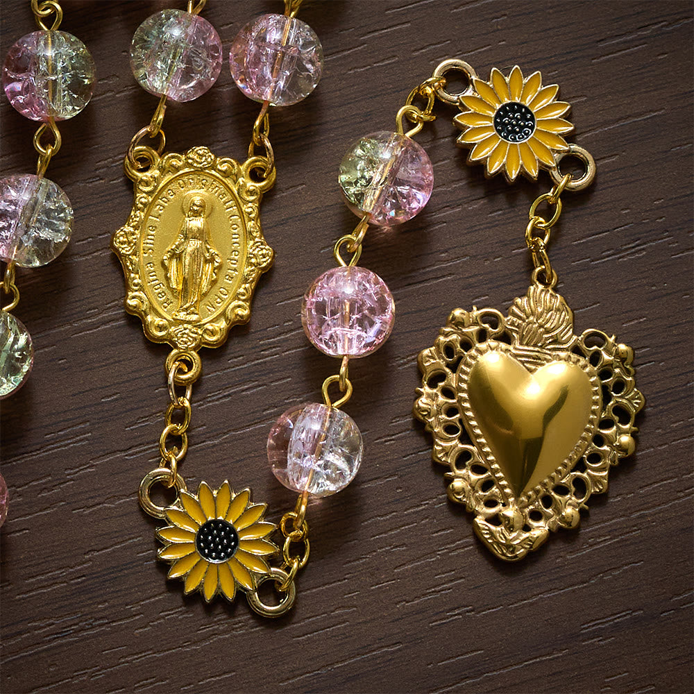 SolaceBeads Sunflower Floral Pink &amp; Yellow Crackle Glass Rosary: Rooted in Sunny Sacred Blessing - image 3